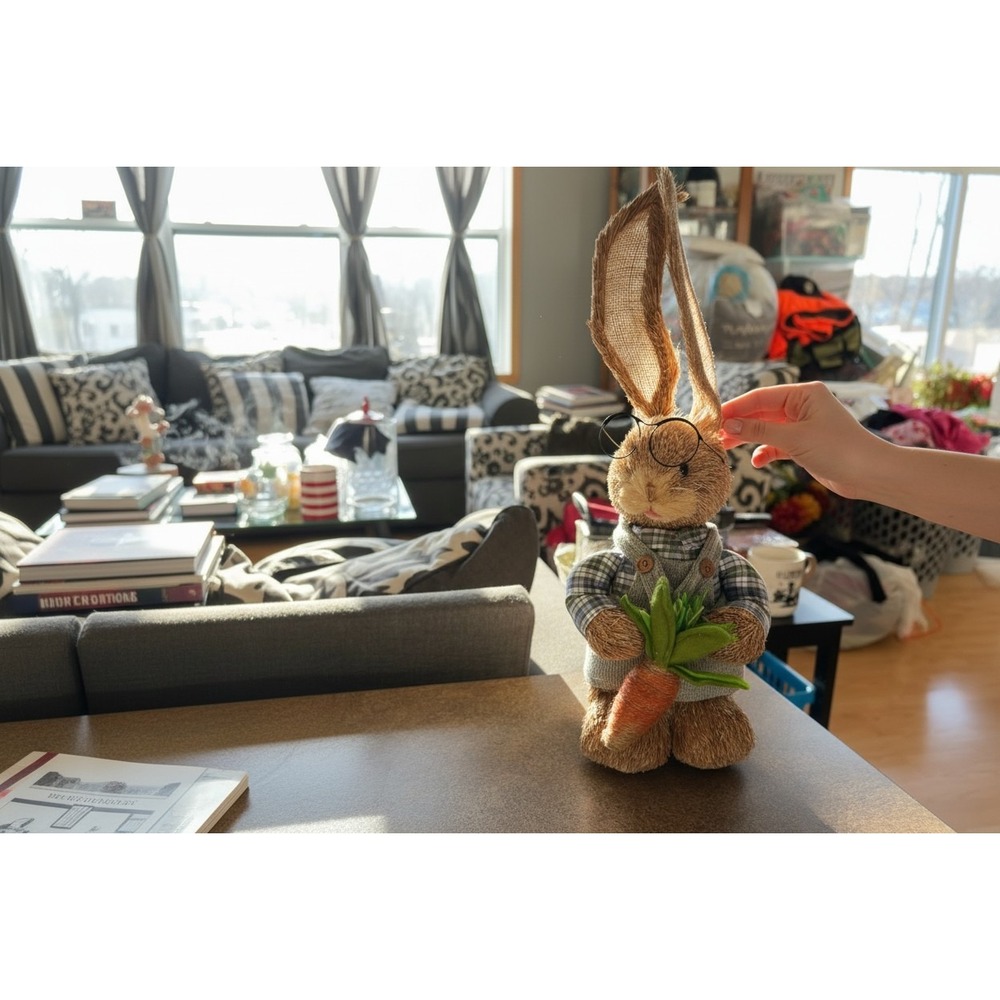 Tophat & Tail Sisal Bunny Easter Decor Large 21" Brown New Plaid Shirt Glasses